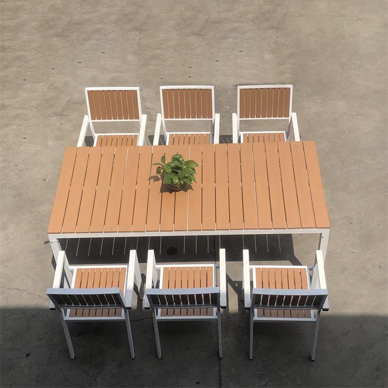 Hot Sale Aluminum Frame Plastic Wood Top Aluminum Patio Tables And Chairs Outdoor Dining Set