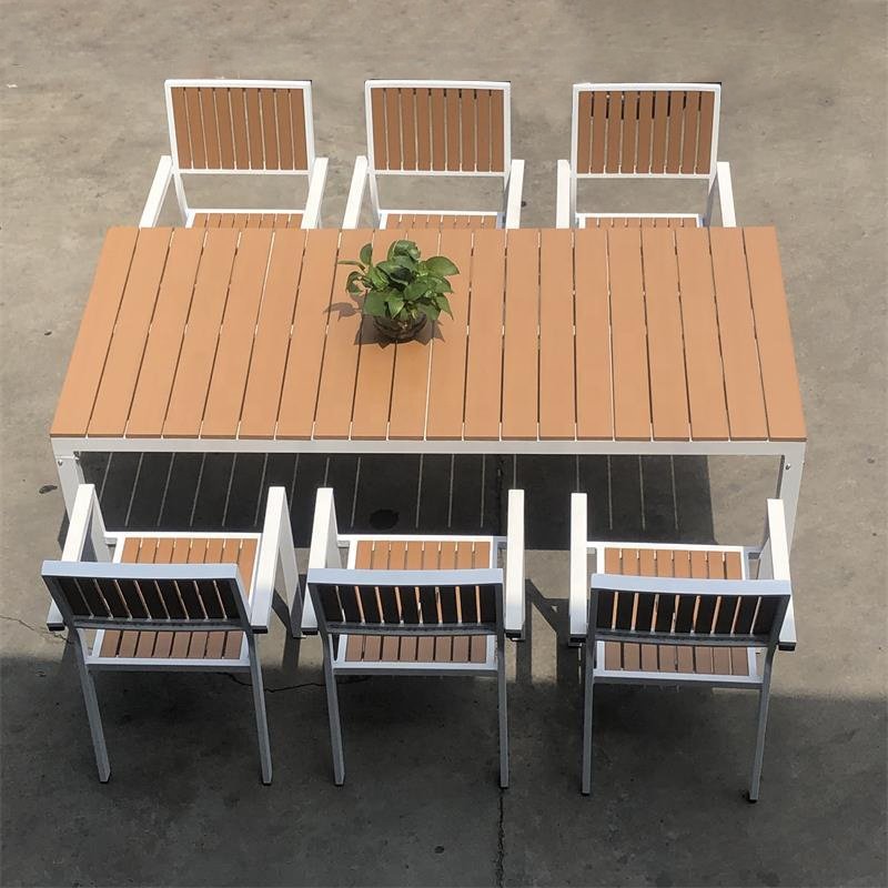 Hot Sale Aluminum Frame Plastic Wood Top Aluminum Patio Tables And Chairs Outdoor Dining Set