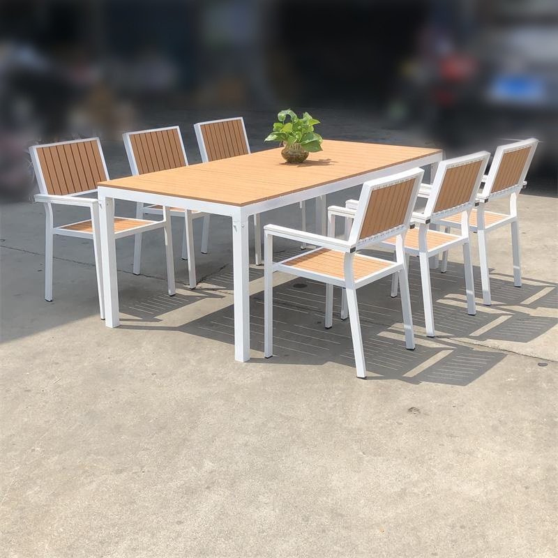 Hot Sale Aluminum Frame Plastic Wood Top Aluminum Patio Tables And Chairs Outdoor Dining Set
