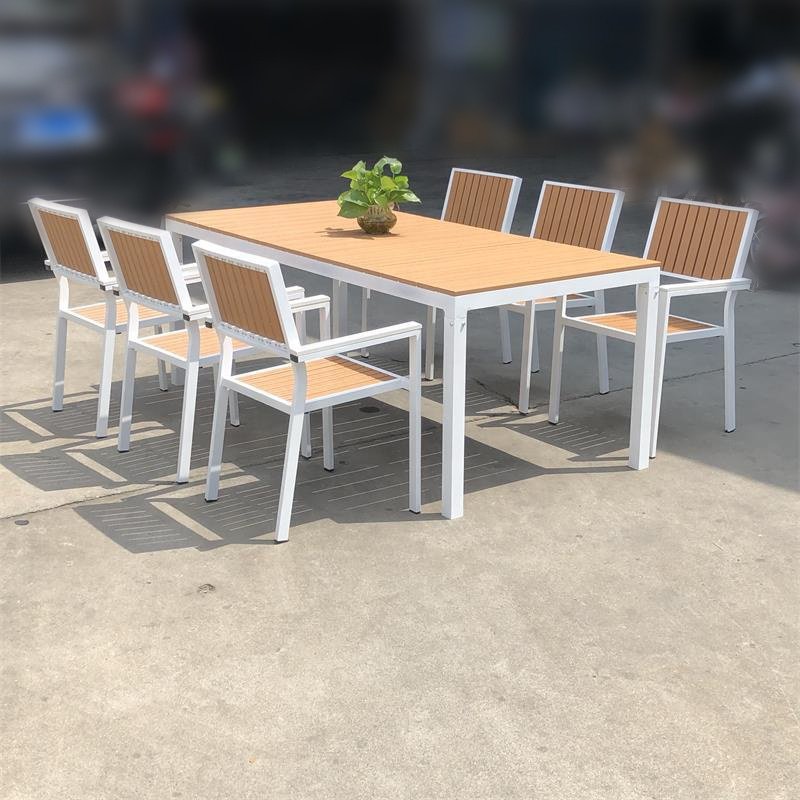 Hot Sale Aluminum Frame Plastic Wood Top Aluminum Patio Tables And Chairs Outdoor Dining Set