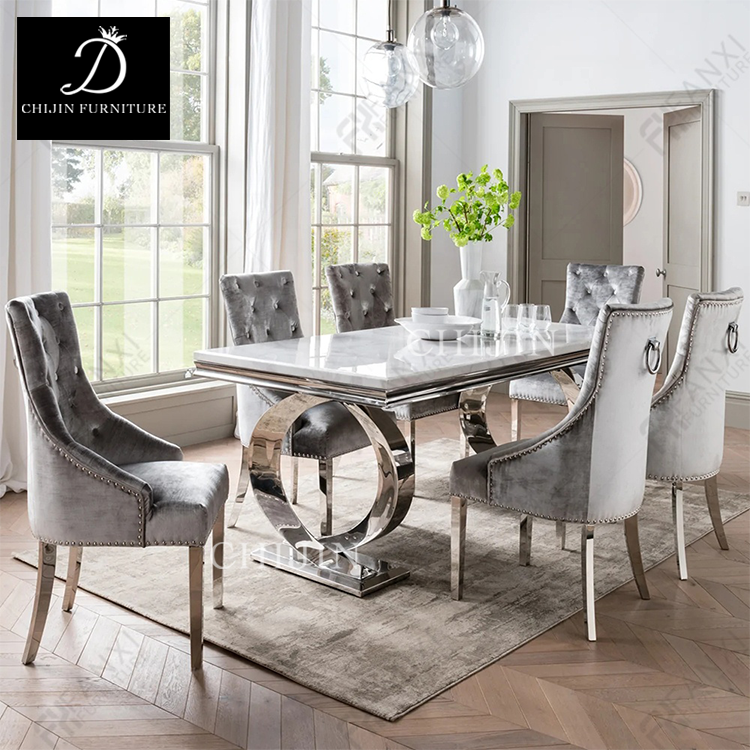 Modern 6 Person Dining Table Set Marble Glass Stainless Steel Kitchen Table and Chairs, Dining Table Sets
