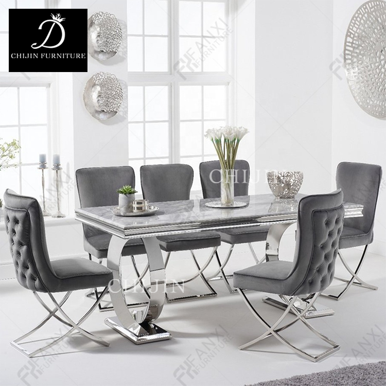Modern 6 Person Dining Table Set Marble Glass Stainless Steel Kitchen Table and Chairs, Dining Table Sets