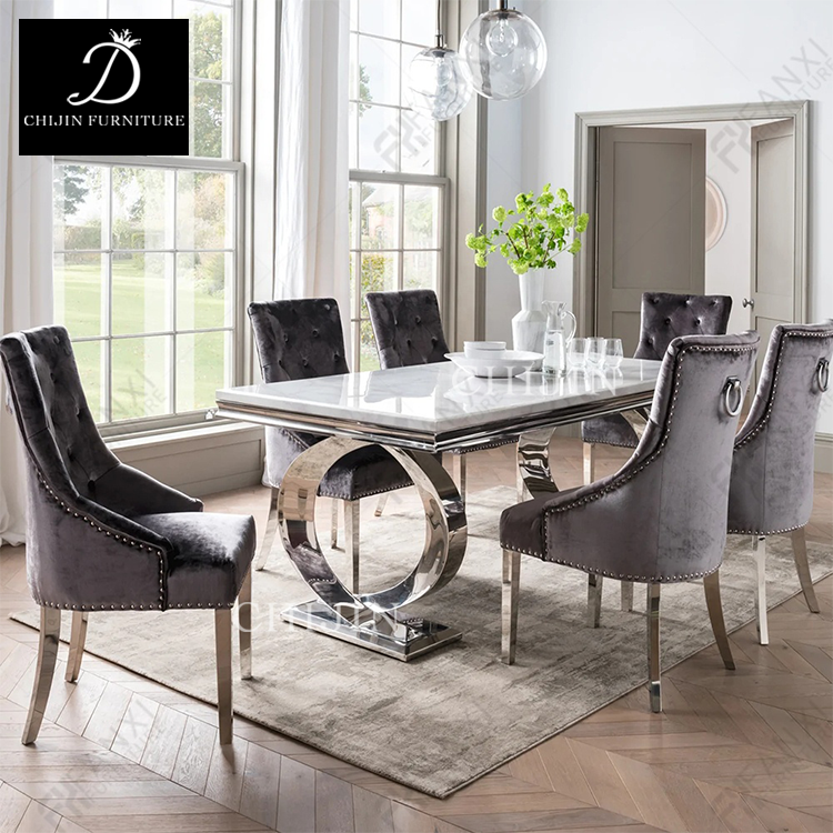 Modern 6 Person Dining Table Set Marble Glass Stainless Steel Kitchen Table and Chairs, Dining Table Sets