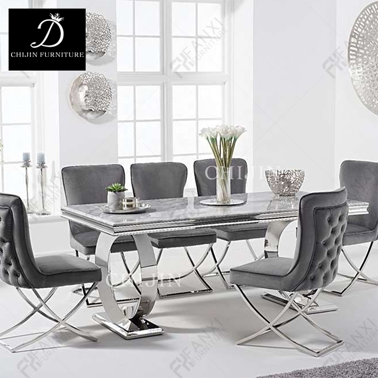 Modern 6 Person Dining Table Set Marble Glass Stainless Steel Kitchen Table and Chairs, Dining Table Sets
