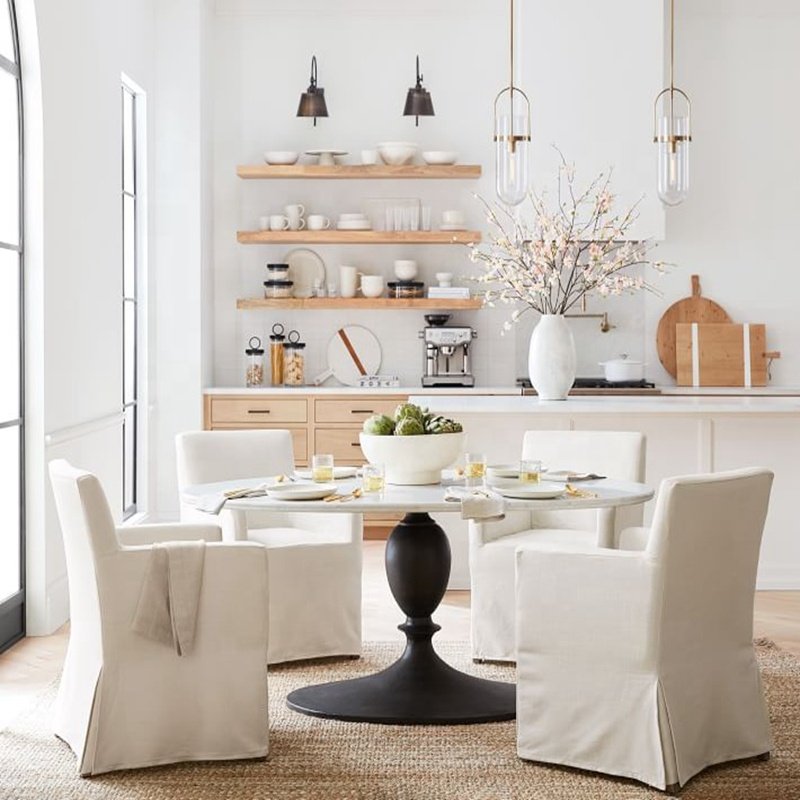 Modern Unique Black Iron Metal Legs Dinner Table White Marble Stone Top 6 Seater Dining Table