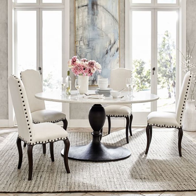 Modern Unique Black Iron Metal Legs Dinner Table White Marble Stone Top 6 Seater Dining Table