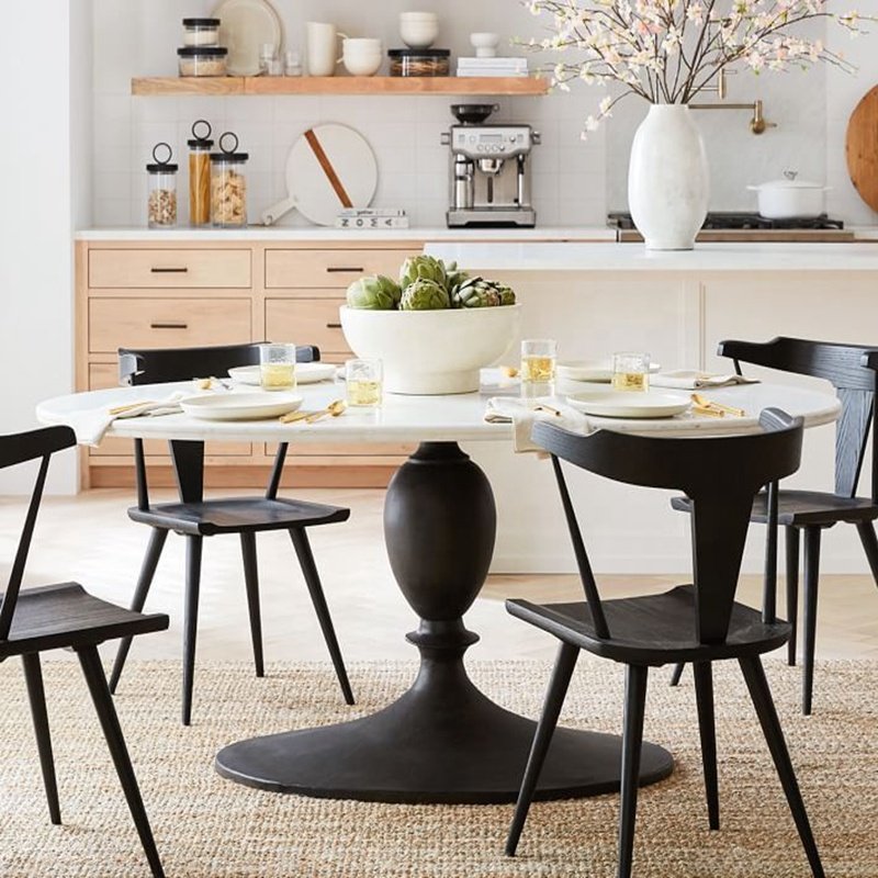 Modern Unique Black Iron Metal Legs Dinner Table White Marble Stone Top 6 Seater Dining Table