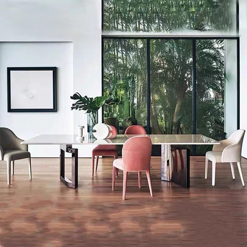 Italian Fendy Style Rose Golden Stainless Steel Base Rectangle Luxury Marble Top Dining Table Home Furniture Dinning Room Sets