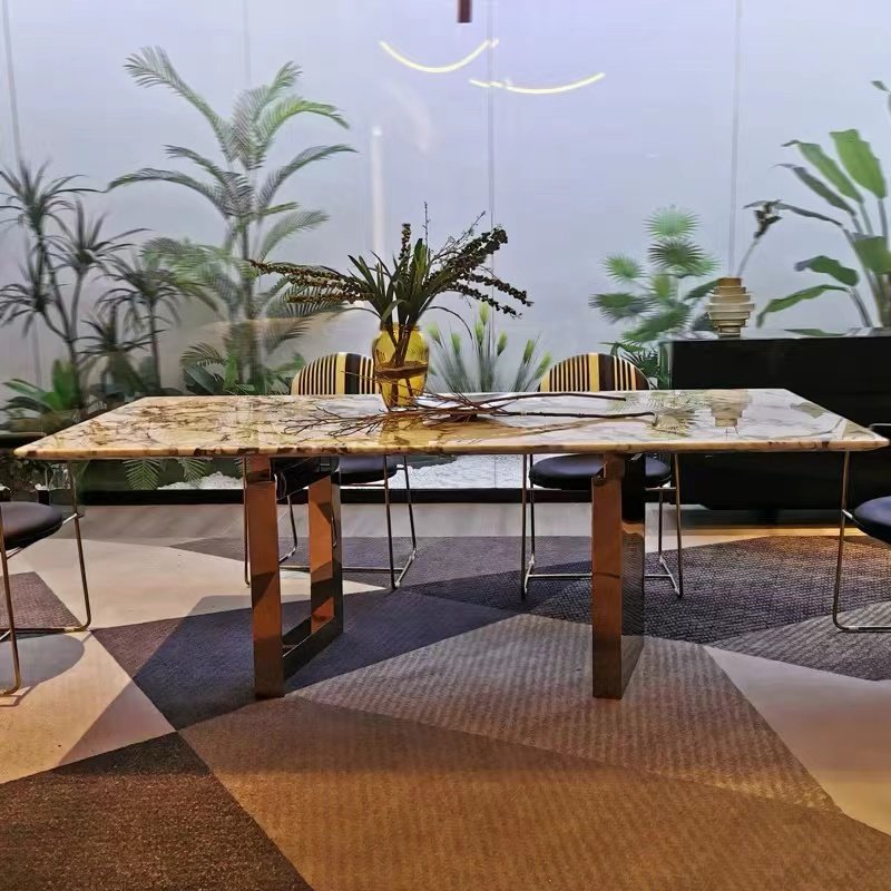 Italian Fendy Style Rose Golden Stainless Steel Base Rectangle Luxury Marble Top Dining Table Home Furniture Dinning Room Sets