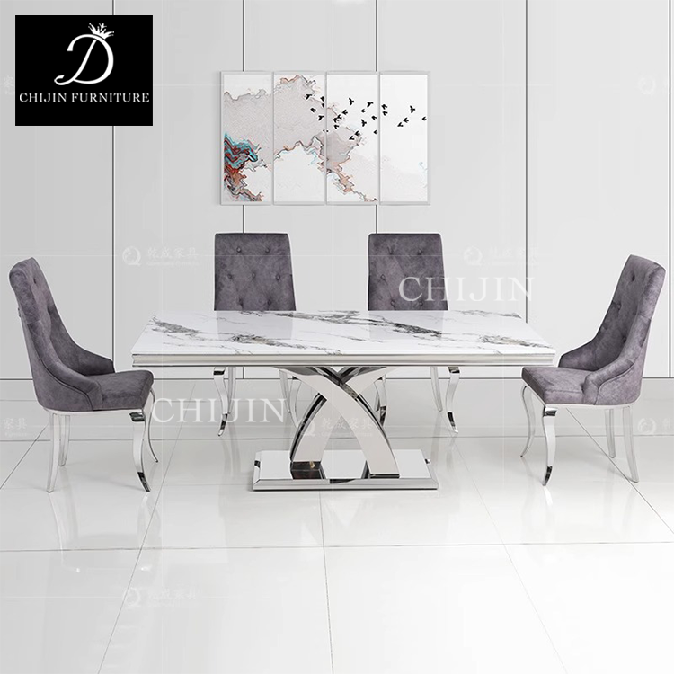 Luxury Restaurant Marble Stainless Steel Base Dining Table Set 6 Seater Dining Table And Chairs Furniture