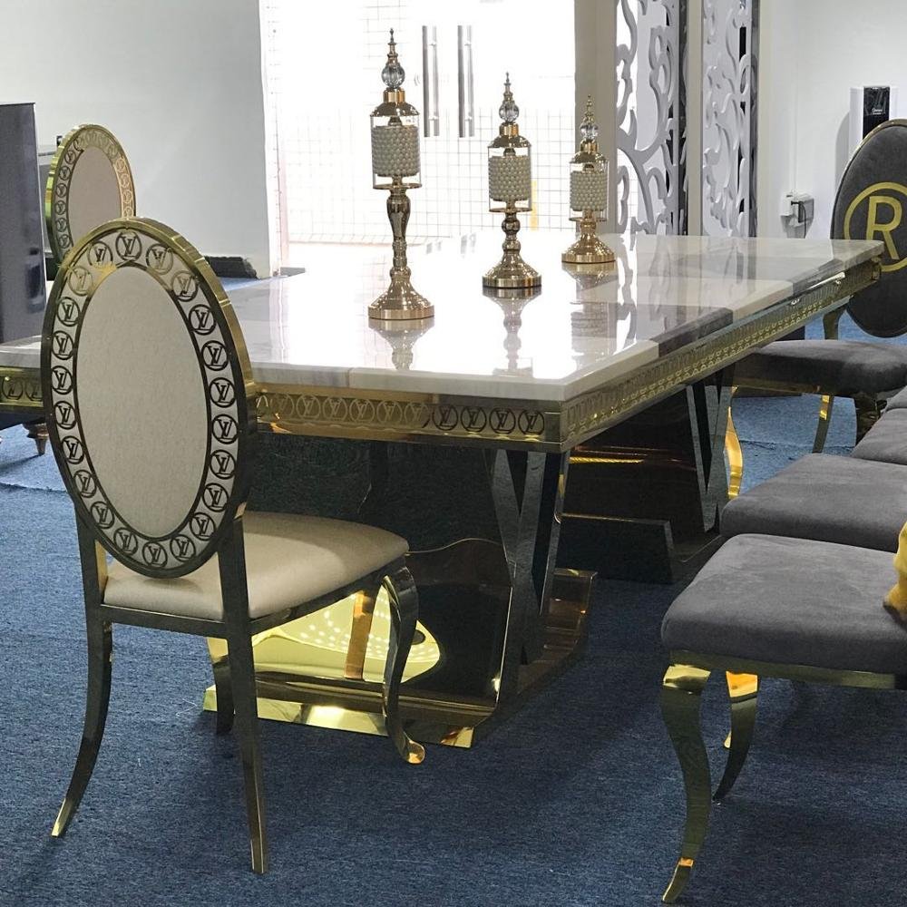 Luxury LV style natural marble top stainless steel gold electroplating legs dining table
