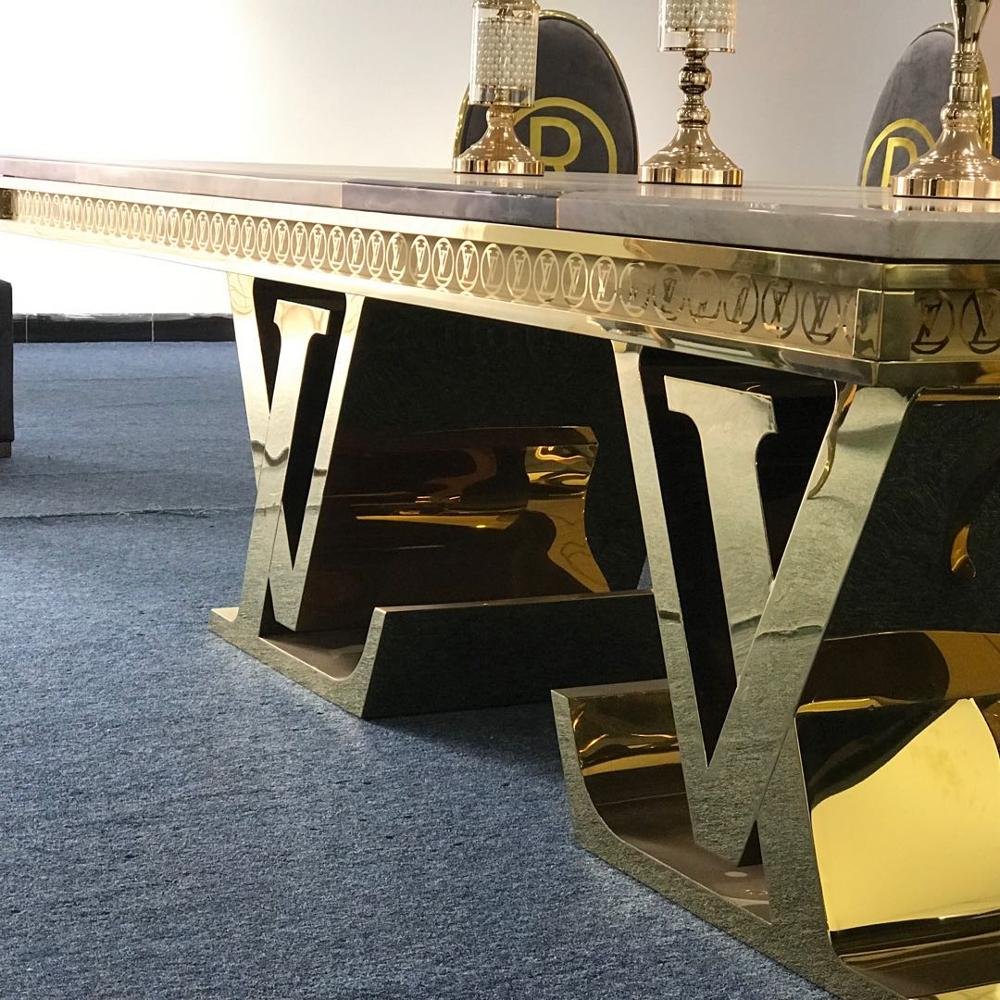 Luxury LV style natural marble top stainless steel gold electroplating legs dining table