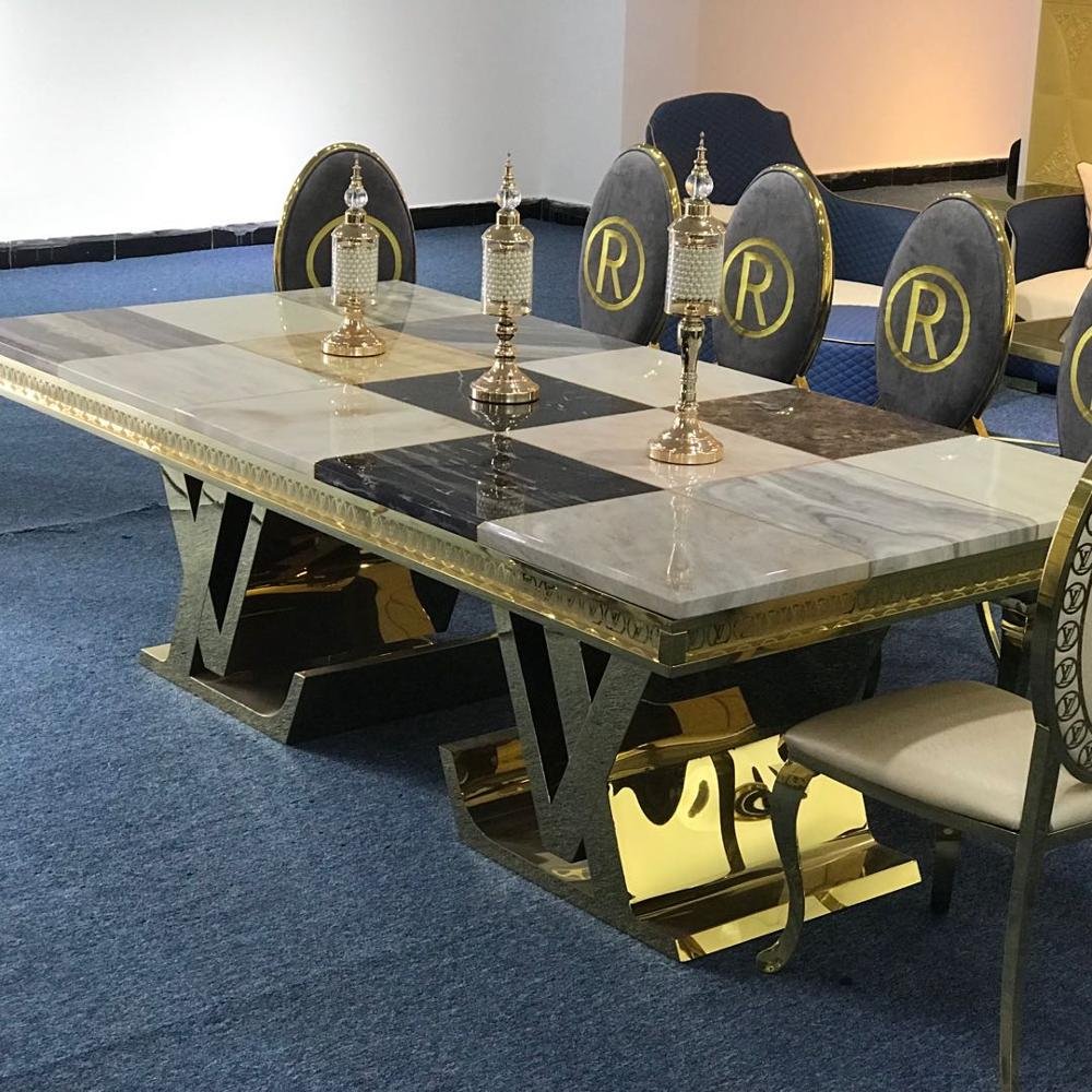 Luxury LV style natural marble top stainless steel gold electroplating legs dining table