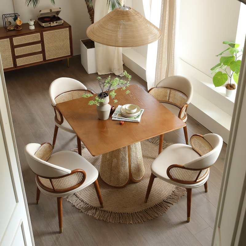 Nordic Modern Style Square Dining Table Solid Wood with Creative Rattan Minimalist Ash for Small Home or Apartment Dining Room