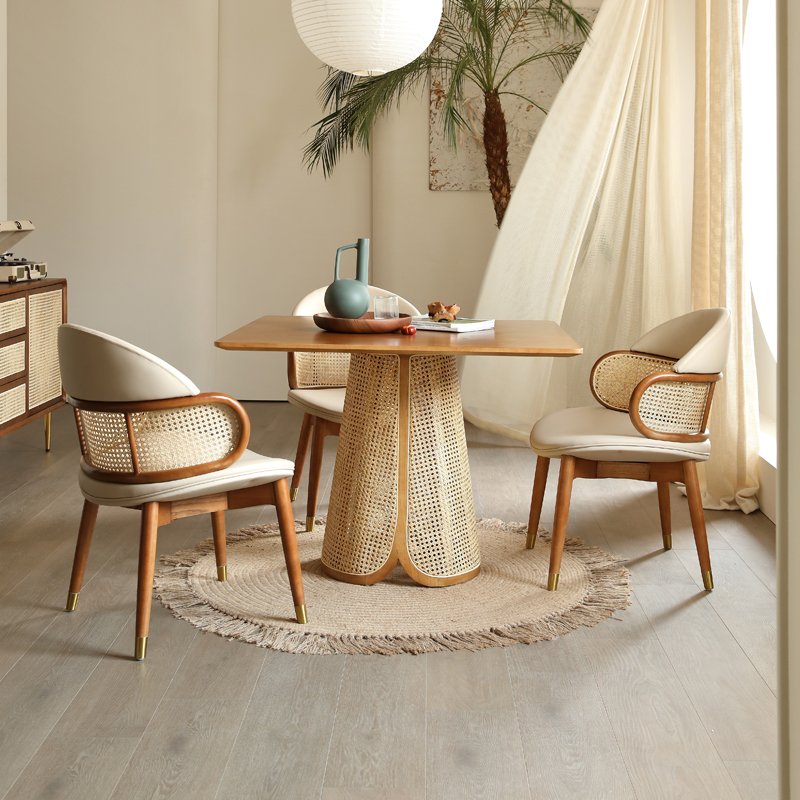 Nordic Modern Style Square Dining Table Solid Wood with Creative Rattan Minimalist Ash for Small Home or Apartment Dining Room