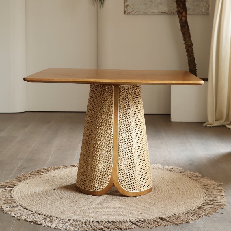 Nordic Modern Style Square Dining Table Solid Wood with Creative Rattan Minimalist Ash for Small Home or Apartment Dining Room