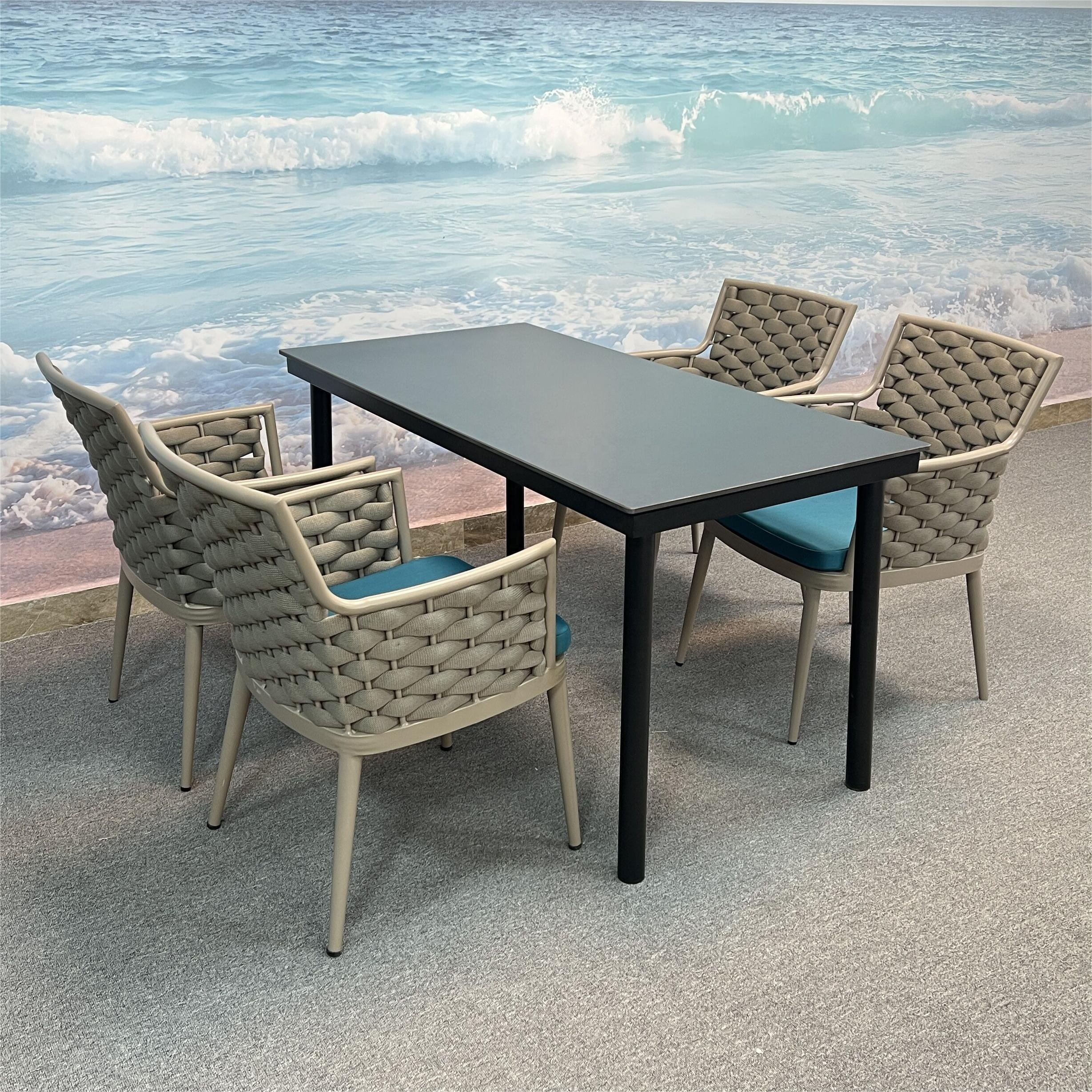 beach Restaurant Aluminium Rope Dining Chairs and Tables Garden Dining Set Outdoor PE Rattan Dining Set Modern Patio Furniture