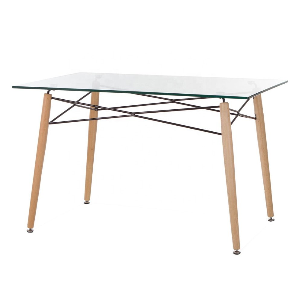 Wholesale Dining Room Furniture Square Dining Table Top Glass with Wood Legs Home Furniture Modern