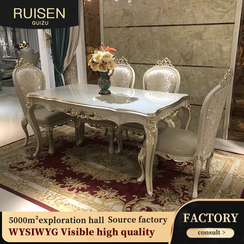 European style dining table and chair combination Rectangular dining table Customizable marble Dining room carved rice table