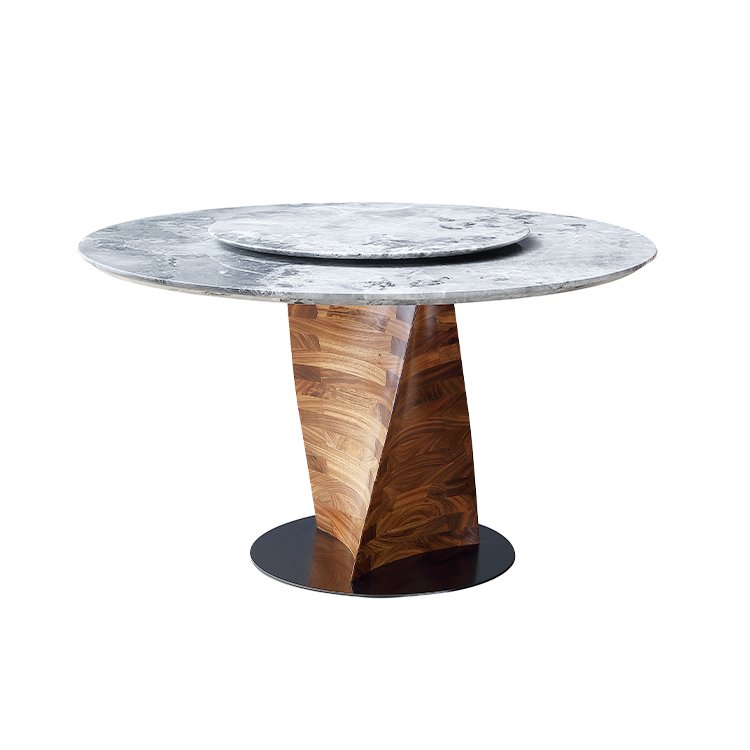 Most Popular Luxury Stable Base Wooden Frame Marble Pu Leather Round Dining Table Set With 6 Seater Chairs