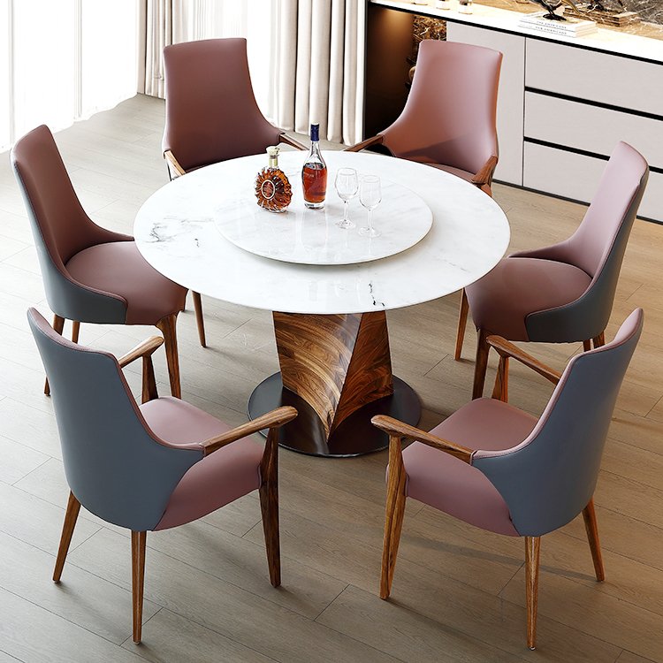 Most Popular Luxury Stable Base Wooden Frame Marble Pu Leather Round Dining Table Set With 6 Seater Chairs