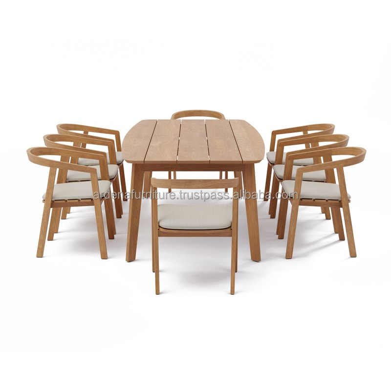 Restaurant Furniture Teak Wood Rectangular Dining Table Set 8 Contemporary Chairs with Removable Cushion Seat for Banquet Use