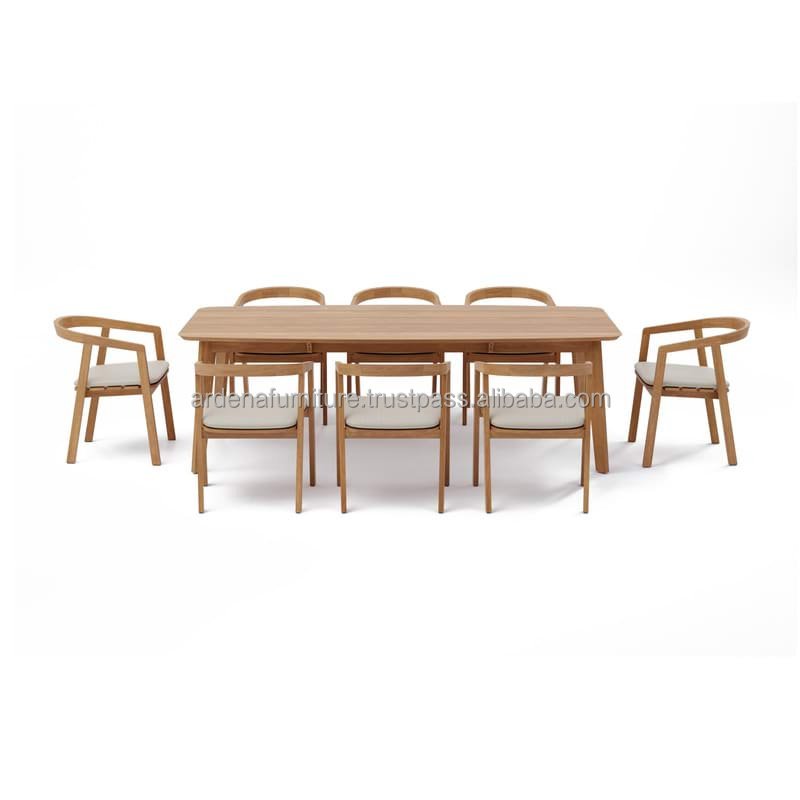 Restaurant Furniture Teak Wood Rectangular Dining Table Set 8 Contemporary Chairs with Removable Cushion Seat for Banquet Use