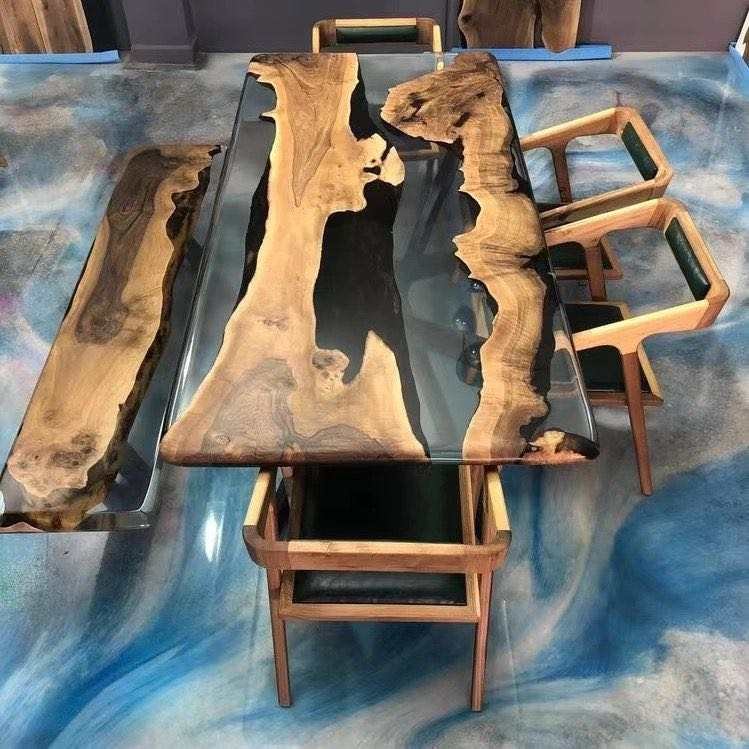 Modern cheap price Factory Direct Solid Walnut Wood Cafe Kitchen Coffee Restaurant River Epoxy Resin Slab Dining Table