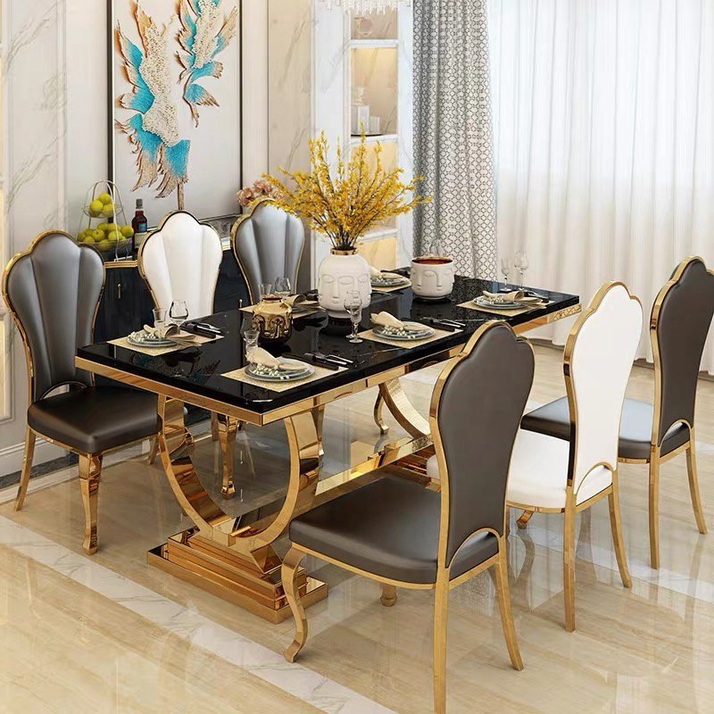 Modern luxury large marble top dinning room furniture dining tables set 6 8 seater dining tables and leather chairs sets