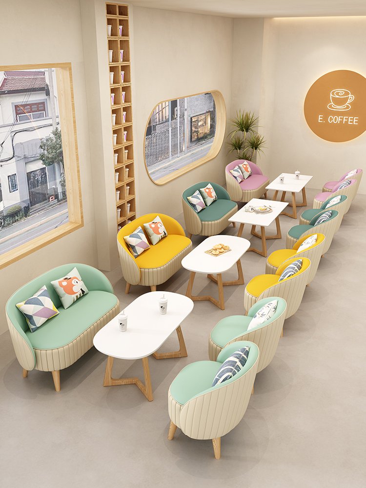 New listing net red milk tea bakery dessert shop tables and chairs colourful embossed line card seat sofa