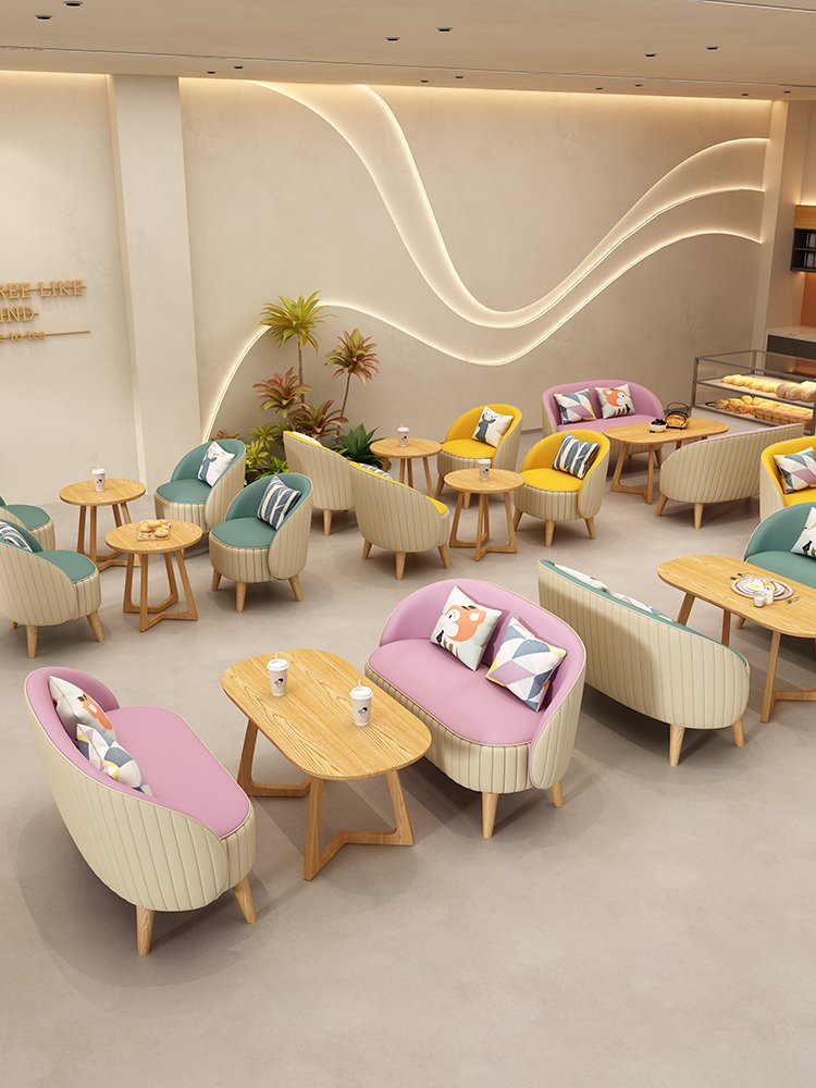 New listing net red milk tea bakery dessert shop tables and chairs colourful embossed line card seat sofa