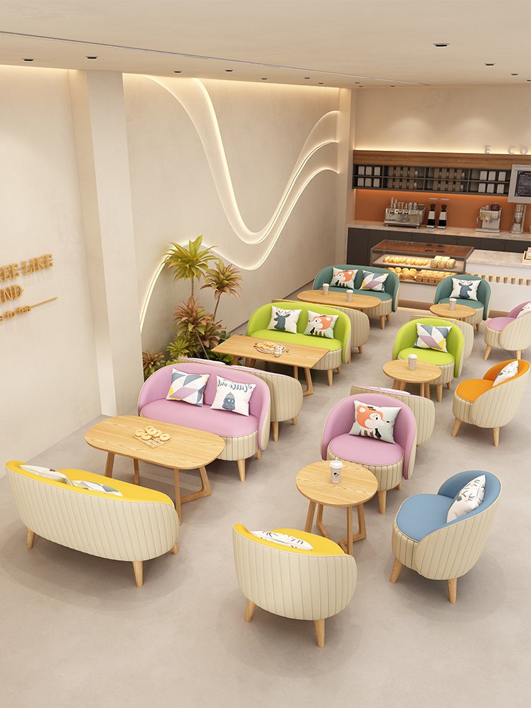 New listing net red milk tea bakery dessert shop tables and chairs colourful embossed line card seat sofa