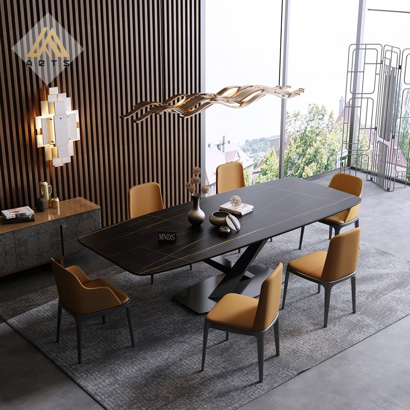 China factory wholesale luxury marble dining table sintered stone top with iron table legs rectangular dining table