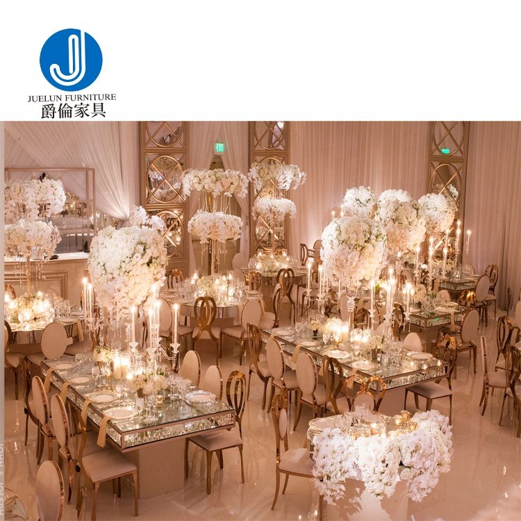 Luxury stainless steel crystal 12 seater dining table 12mm mirror glass table 12 seater rectangular dining table