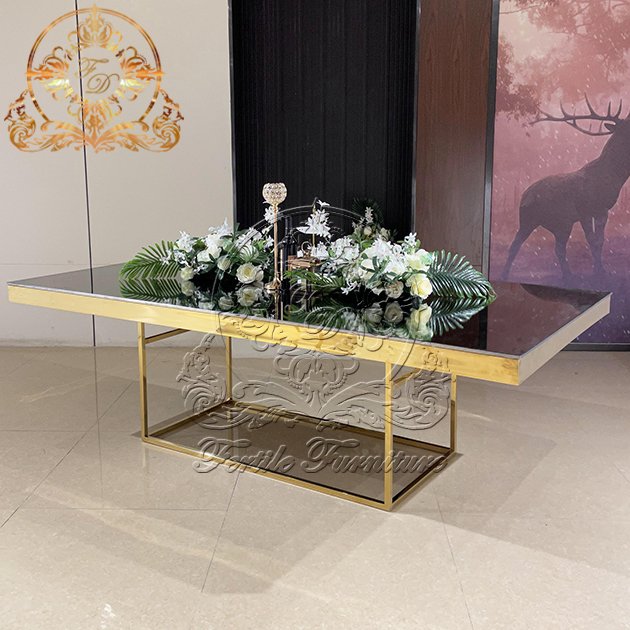 Square Glass Table Top Stainless Steel Legs Glass Dining Table With Mirror For Wedding And Event