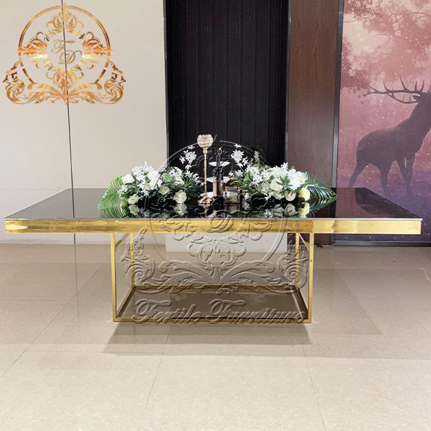 Square Glass Table Top Stainless Steel Legs Glass Dining Table With Mirror For Wedding And Event