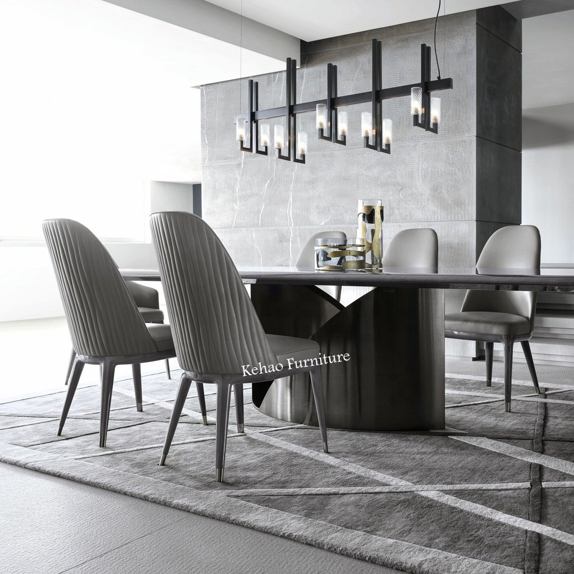 Modern Furniture Simple Style Nordic U-shape Base Black Stone Top Long Dining Table For Dining Room
