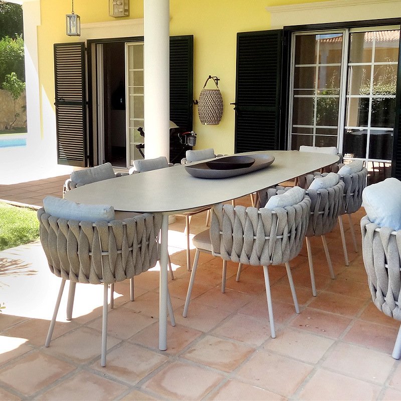 All Weather Outdoor Garden Dining Table And Chairs High Performance Fabric Cushion Seat Cord Rope Rattan Dining Furniture Set