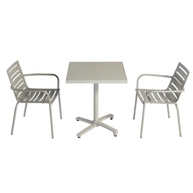 Modern Patio 3 Piece Plastic Wood Dining Set Furniture Outdoor Garden Cafe Aluminum Table and 2 Seater Chairs