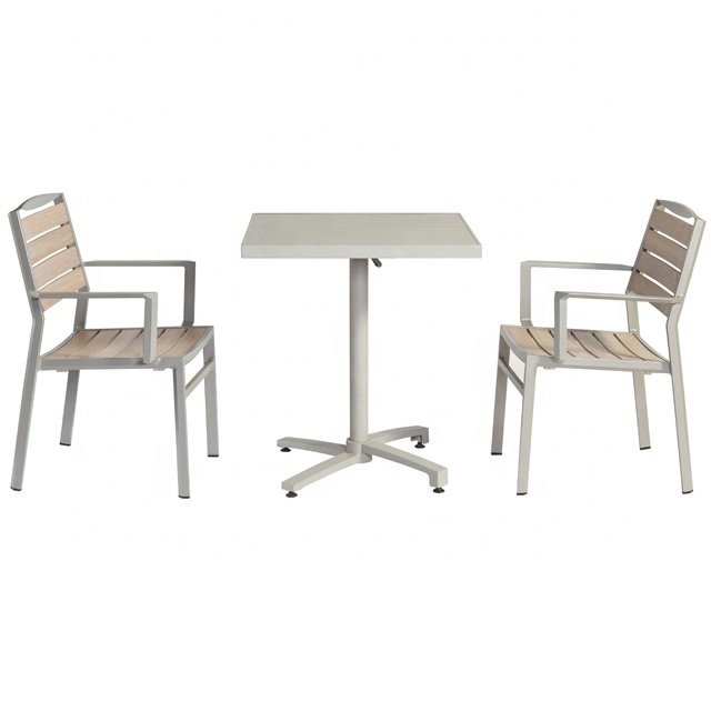 Modern Patio 3 Piece Plastic Wood Dining Set Furniture Outdoor Garden Cafe Aluminum Table and 2 Seater Chairs