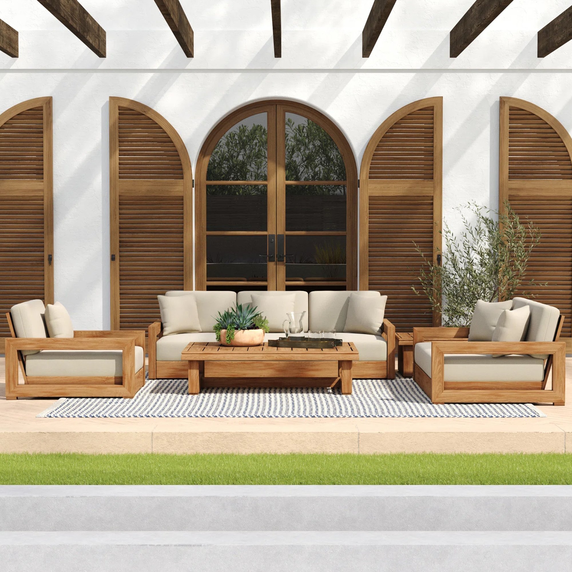 Modern Outdoor Dining Sofa Set Natural Teak with Beautifully Designed Cushions Patio Furniture for Hotels Homes - Xylo