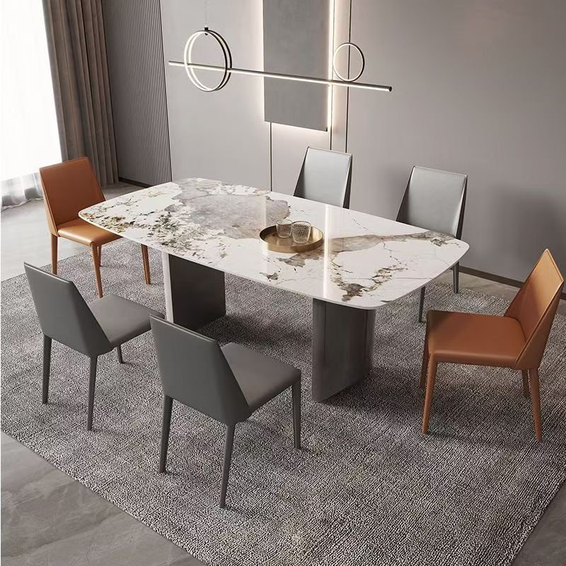 2024 Hot Sales Light Luxury Gray titanium base Rectangular Dining Table set Rock Plate Multi-Person Household Rock