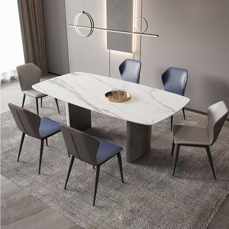 2024 Hot Sales Light Luxury Gray titanium base Rectangular Dining Table set Rock Plate Multi-Person Household Rock