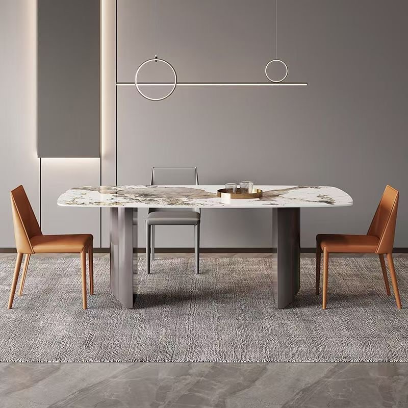 2024 Hot Sales Light Luxury Gray titanium base Rectangular Dining Table set Rock Plate Multi-Person Household Rock