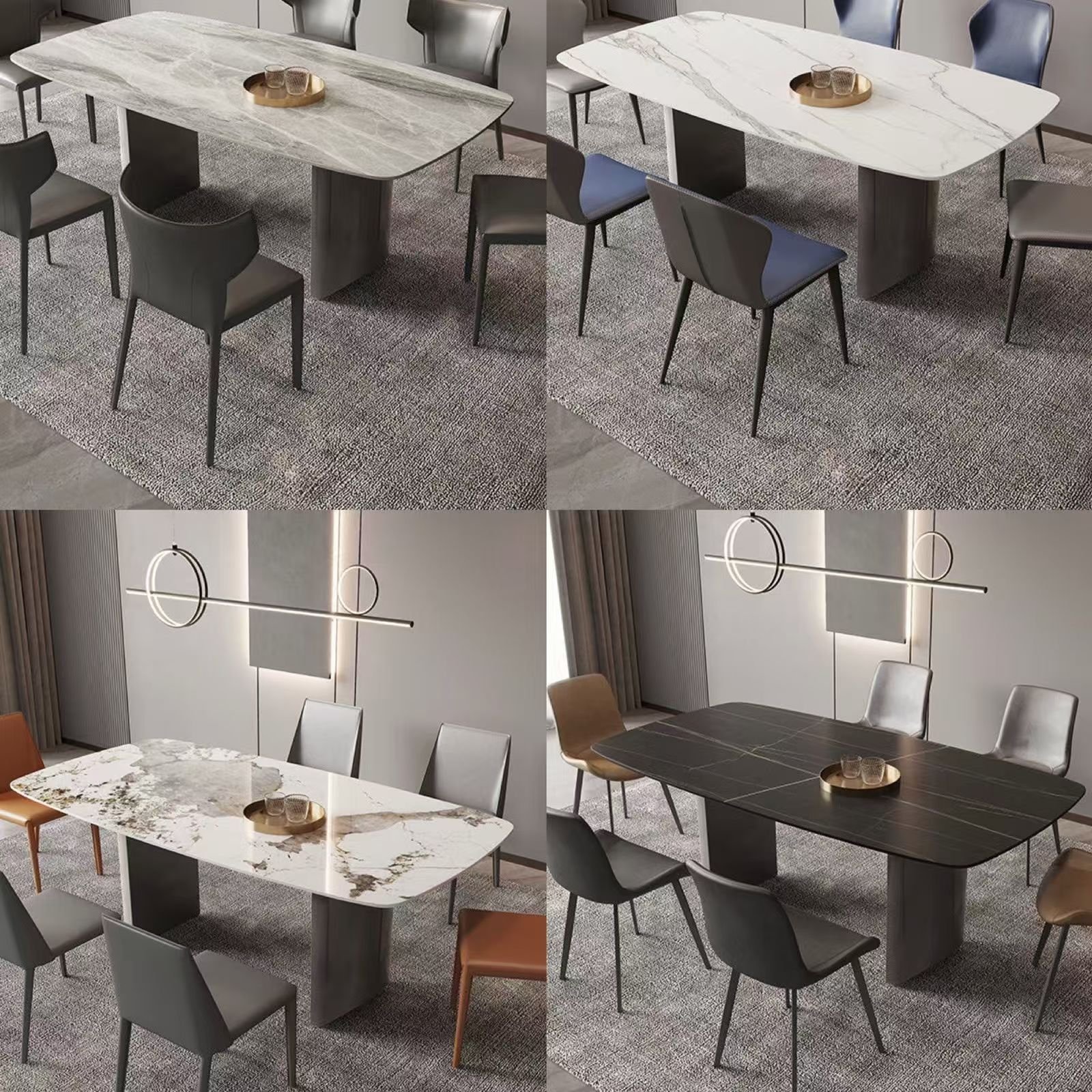 2024 Hot Sales Light Luxury Gray titanium base Rectangular Dining Table set Rock Plate Multi-Person Household Rock