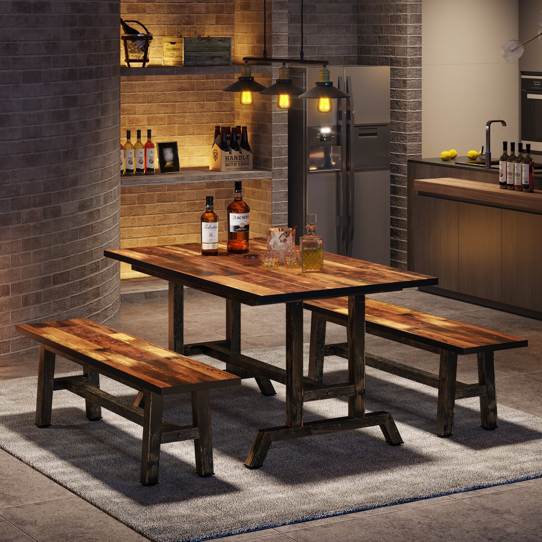 3 Pieces Per Set 47" Kitchen Wood Dining Table Set with 2 Benches For Home Hotel