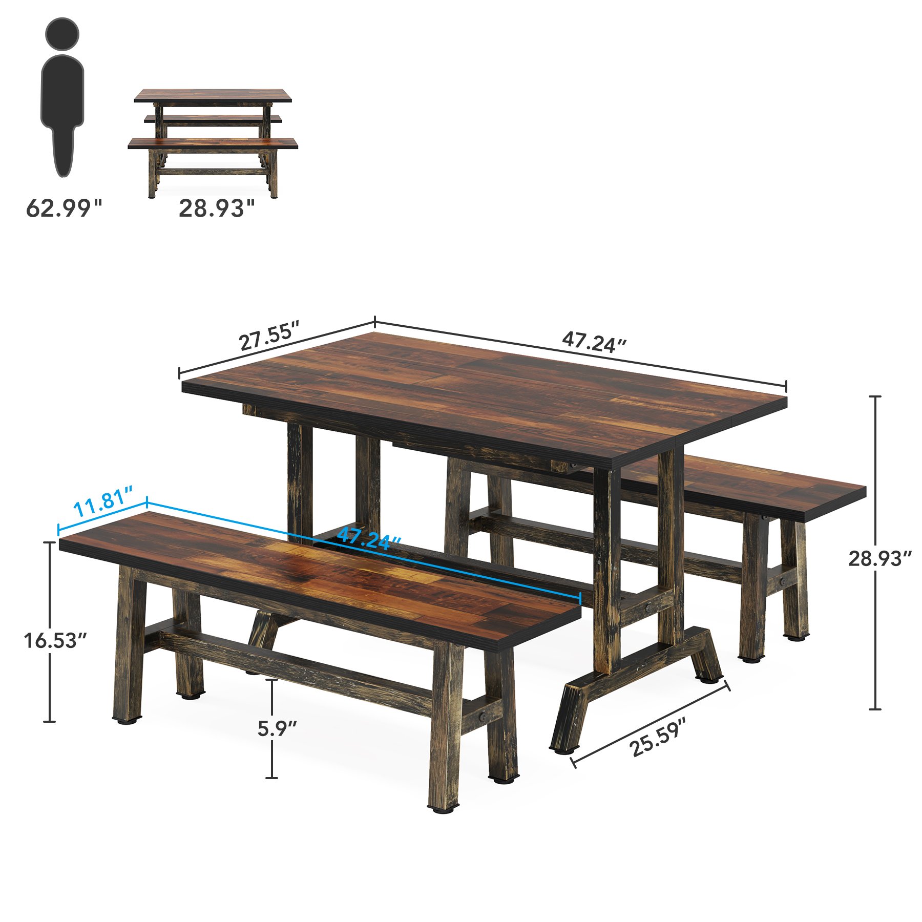 3 Pieces Per Set 47" Kitchen Wood Dining Table Set with 2 Benches For Home Hotel