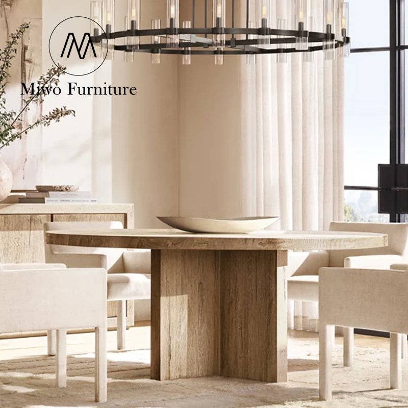Midcentury Retro Outdoor Furniture Solid Wood Reclaimed Oak Plank Round Waterproof Dining Table For Hotel Patio Balcony Table