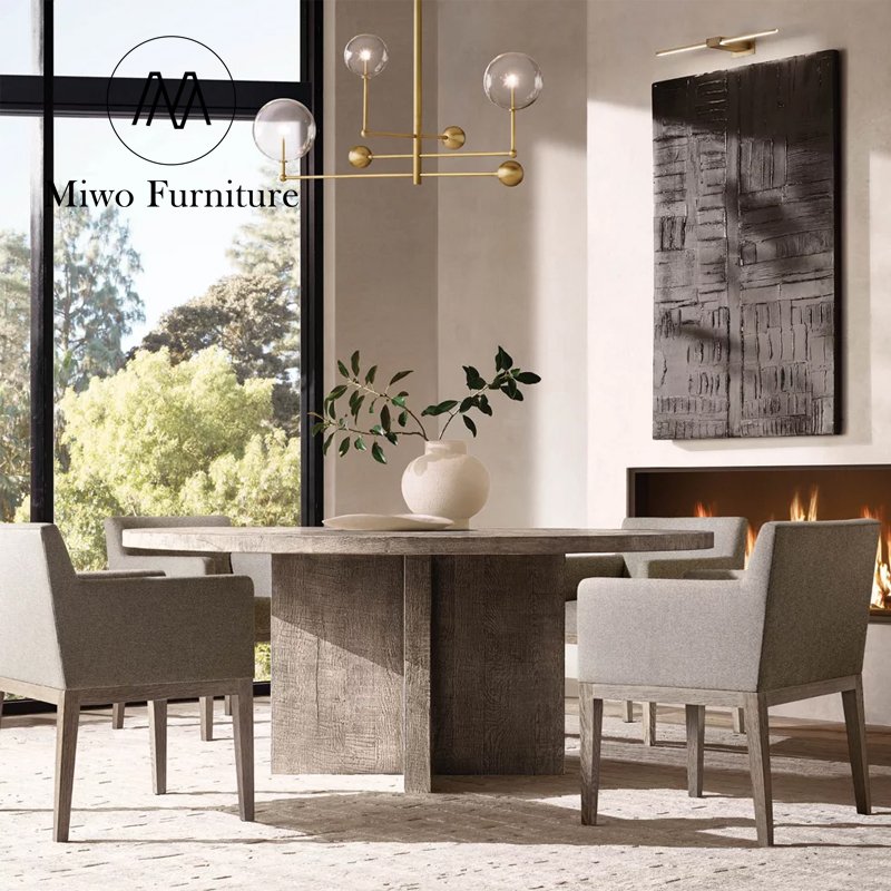 Midcentury Retro Outdoor Furniture Solid Wood Reclaimed Oak Plank Round Waterproof Dining Table For Hotel Patio Balcony Table