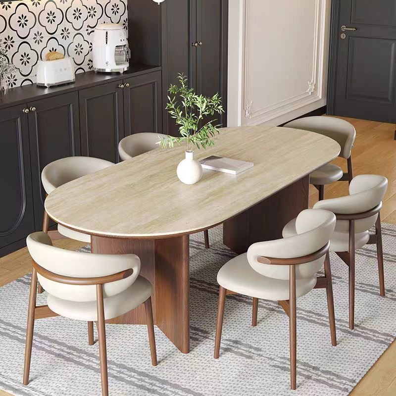 High quality Modern wholesale rock dining table and chair set for Restaurants oval marble table with solid walnut wood legs